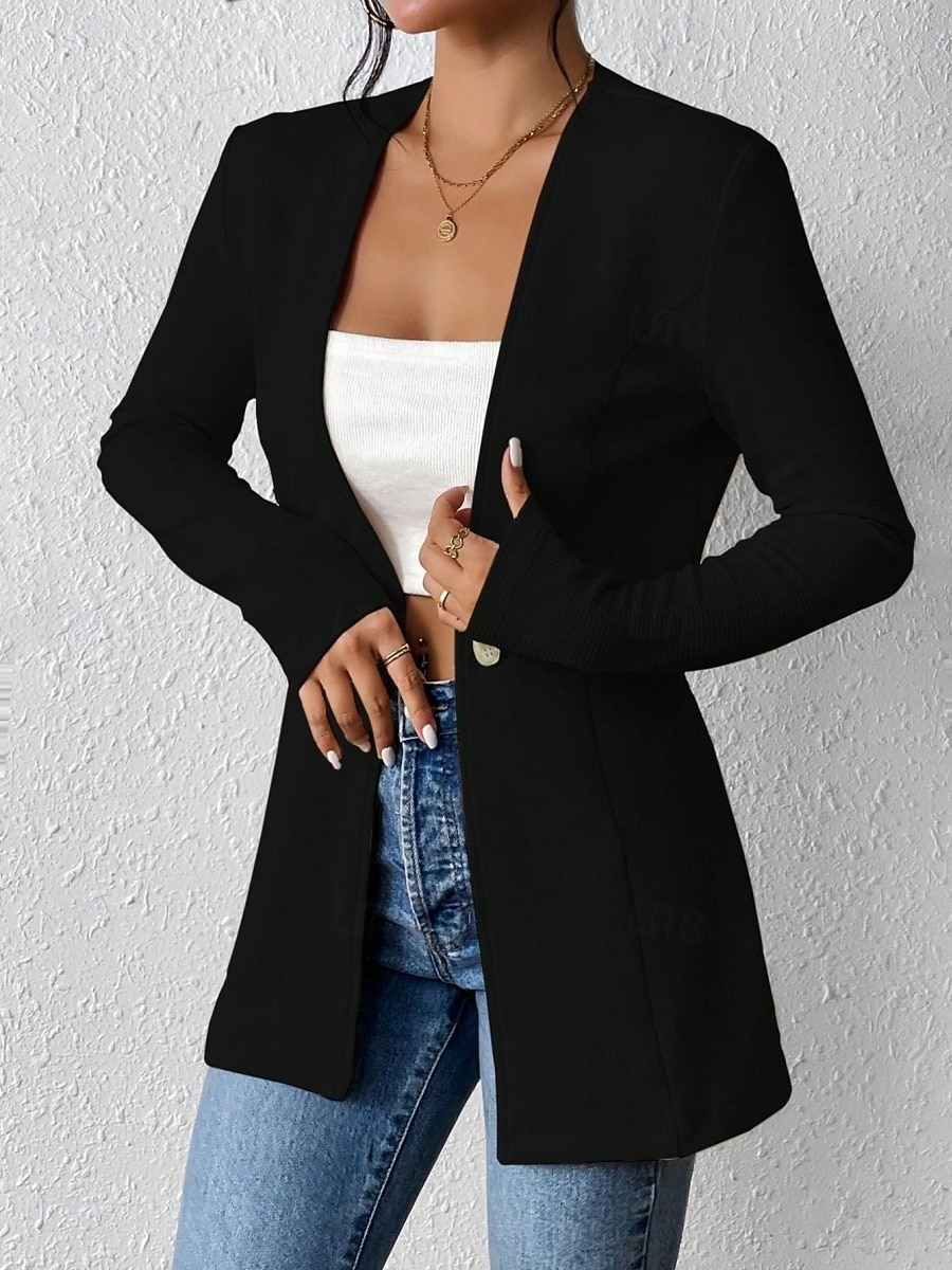 Dame Blazer Bekvem Pustende Knapper OL-stil Fritid عادي Kontor Gate Avslappet Dagligdagstøy Enkeltkneppet Normal V-hals Normal Langermet Yttertøy Svart Hvit Rød Vår Høst 2025 - $34.99 –P11