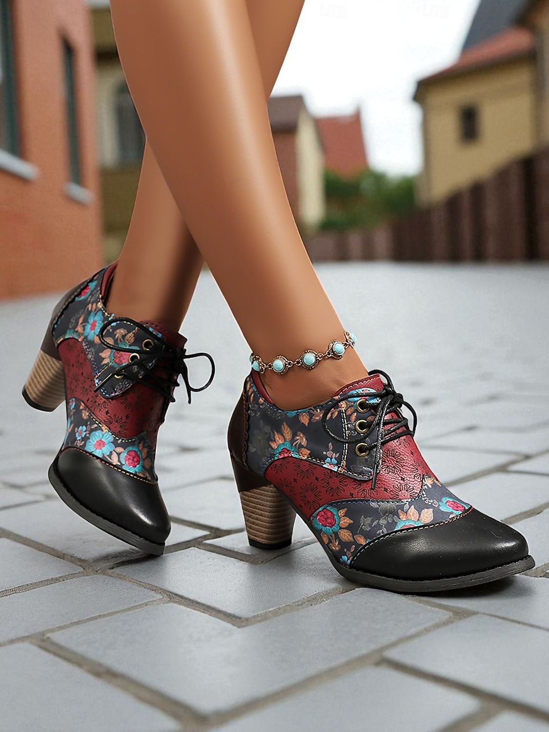 Dame Oxfords Fest Daglig Blomstret Snøring Tykk hæl Rund Tå Bohem Årgang Fuskelær Snøring Vin Mørkebrun Svart 2026 - $46.99 –P2