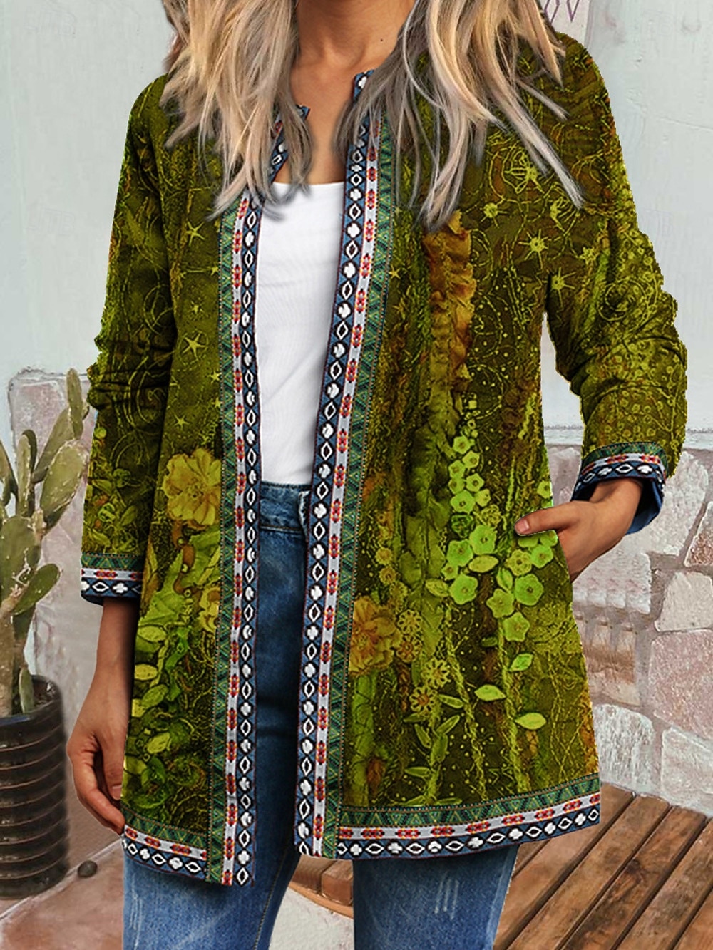 Dame Uformell jakke Vindtett Hold Varm Lomme Fargeblokk Åpen Forside Med lommer Årgang Moderne Fritid Blomstret Avslappet Daglig Fritid / hverdag Kort Crewneck Normal Langermet Yttertøy Lysegrønn 2025 - $31.99 –P5