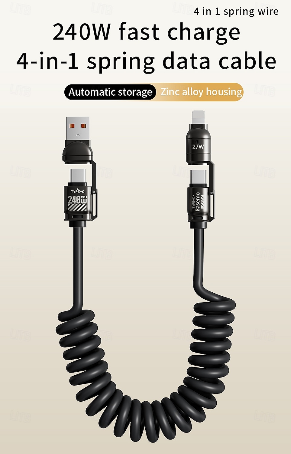 Cabo de carregamento super rápido com tela de 240 W, cabo de dados com mola para iPhone, Huawei, Xiaomi, Samsung, cabo de carregamento 4 em 1 tipo C para tipo C de 2025 por $14.99 –P2