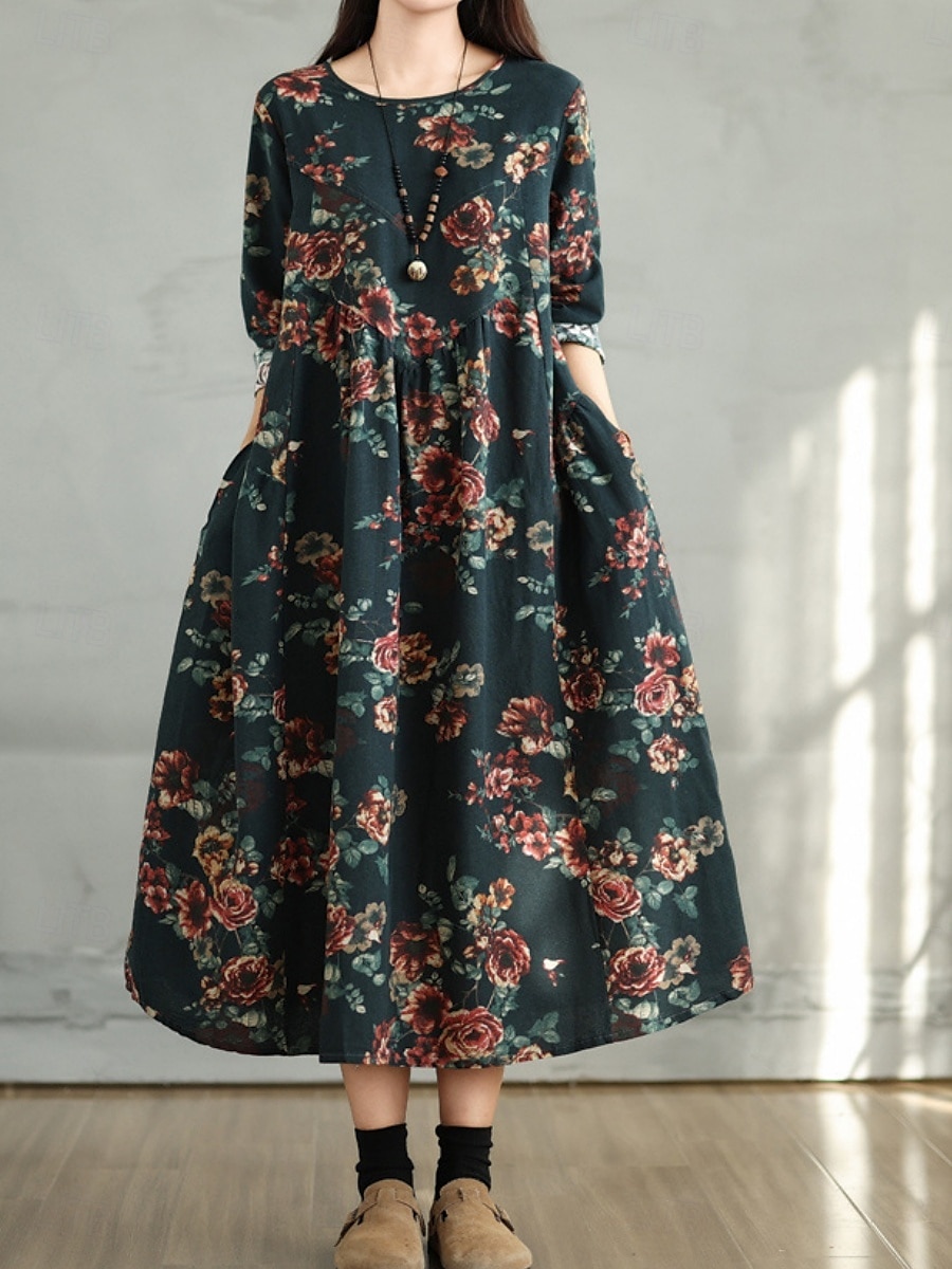 Femmes Robe maxi Robe trapèze Occasionnel Quotidien Coupe régulière Fleuri manche longue Col ras du cou Bleu marine Rouge Vert foncé Marron Été Automne de 2025 ? $36.99 –P5