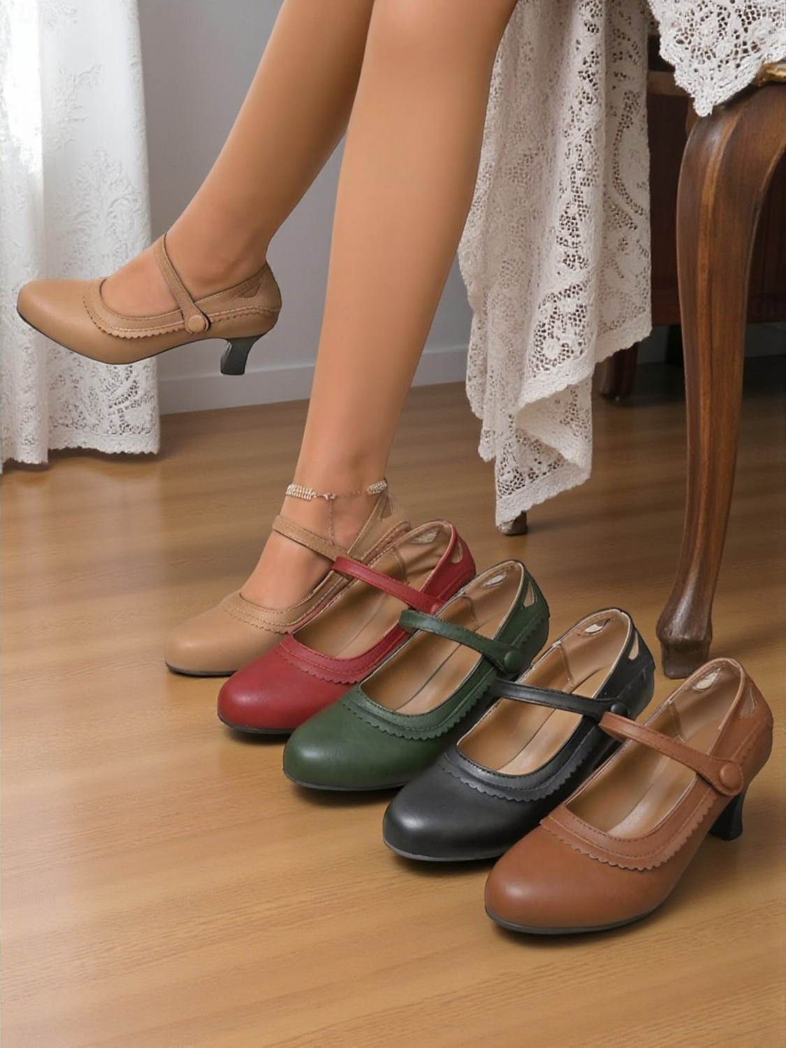 Women's Vintage Green Mary Jane Heels - 1950s-Style Round Toe Shoes with Scallop Details for Fall Work Looks,Daily Outfits and Vintage-Inspired Gatherings 2025 - $34.99 –P1