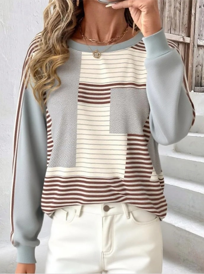 Damen Pullover Sweatshirt Grafik Geometrisch Farbblock Mode Lässig Langarm Rundhalsausschnitt Normale Oberteile Straße Alltagskleidung Lässig Druck Grau Herbst Winter 2025 - $24.99 –P1