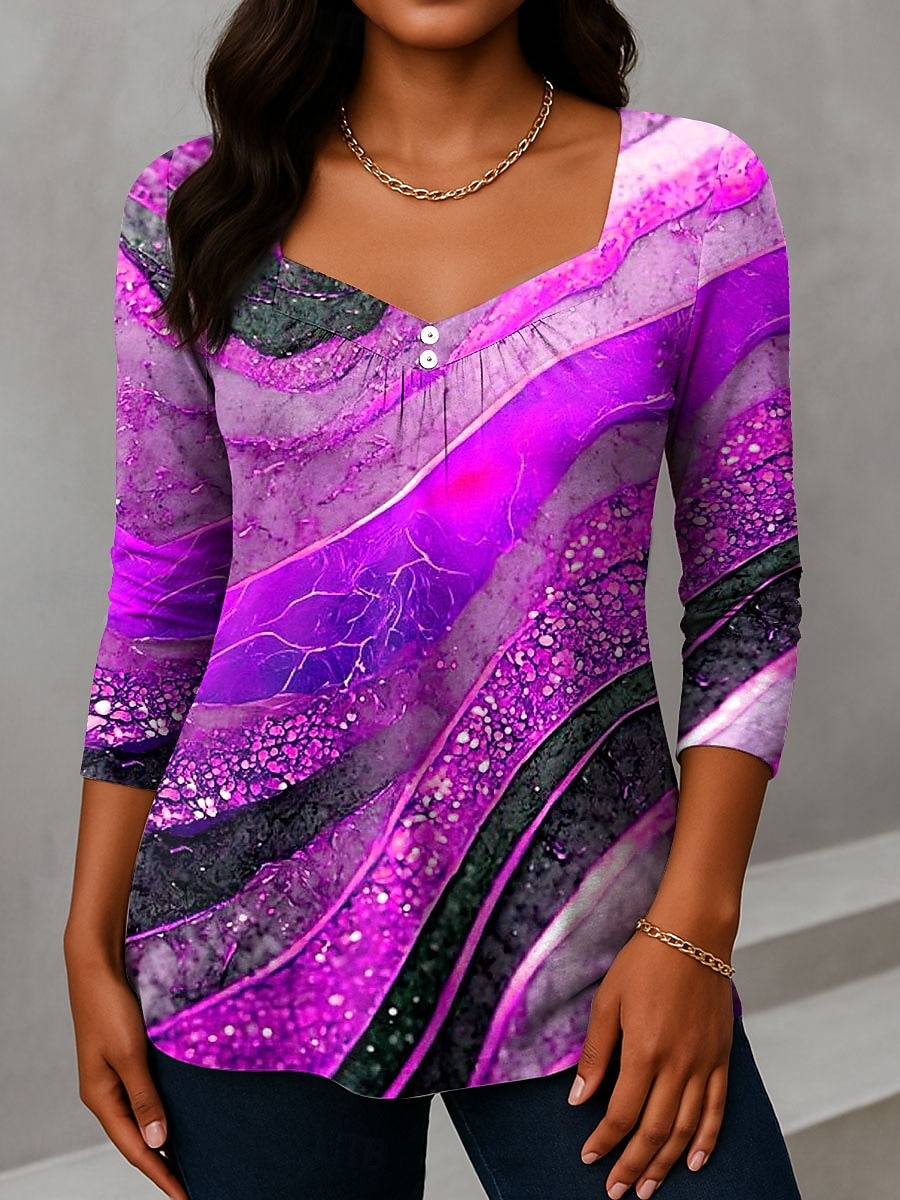Per donna Maglietta Bottoni Stampato Ombre Grafico Vintage Moda Elegante Manica Lunga Scollo a V Collo asimmetrico Top Regolari Quotidiano Weekend Abbigliamento da vacanza Blu Giallo Viola Verde del 2026 a $24.99 –P3
