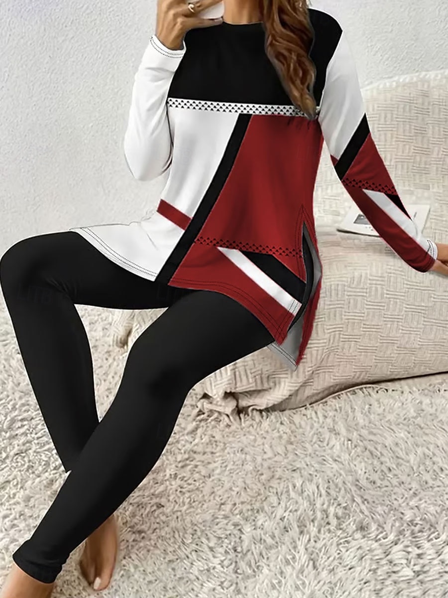 Komplet piżamowy dla kobiet dresy okrągły dekolt długi rękaw casual moda spodnie z nadrukiem grafika geometryczna codzienne różowy czerwony niebieski wiosenny regularny krój 2025 - $31.99 –P2