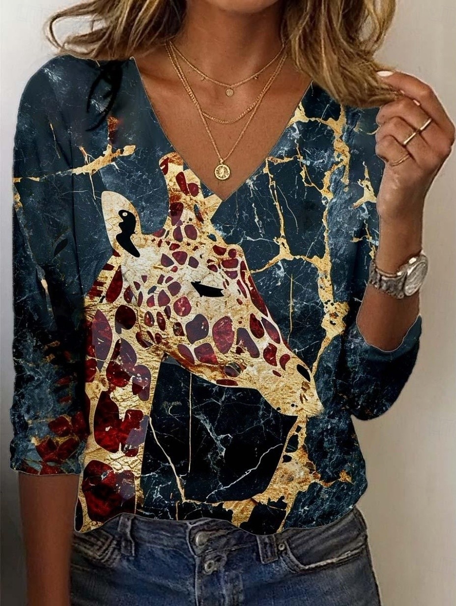 Γυναικεία Χιτώνας Μπλουζάκι Στάμπα Λεοπάρ Συνδυασμός Χρωμάτων Καμηλοπάρδαλη Βίντατζ Στυλάτο Καθημερινό Μακρυμάνικο Λαιμόκοψη V Κανονικά μπλουζάκια Καθημερινά Αθλητικά Σαββατοκύριακο 2026 - $24.99 –P1