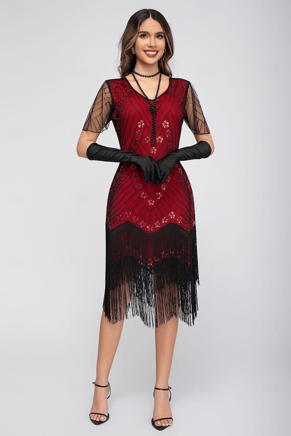 Rugido 20s 1920s Hasta la Rodilla Vestido Flapper Mangas cortas El gran Gatsby Chica de la aleta Lentejuelas Franja Funda Columna Escote en Pico Disfraz Mujer Navidad Carnaval Fiesta de Noche Boda 2026 - $46.99 –P14