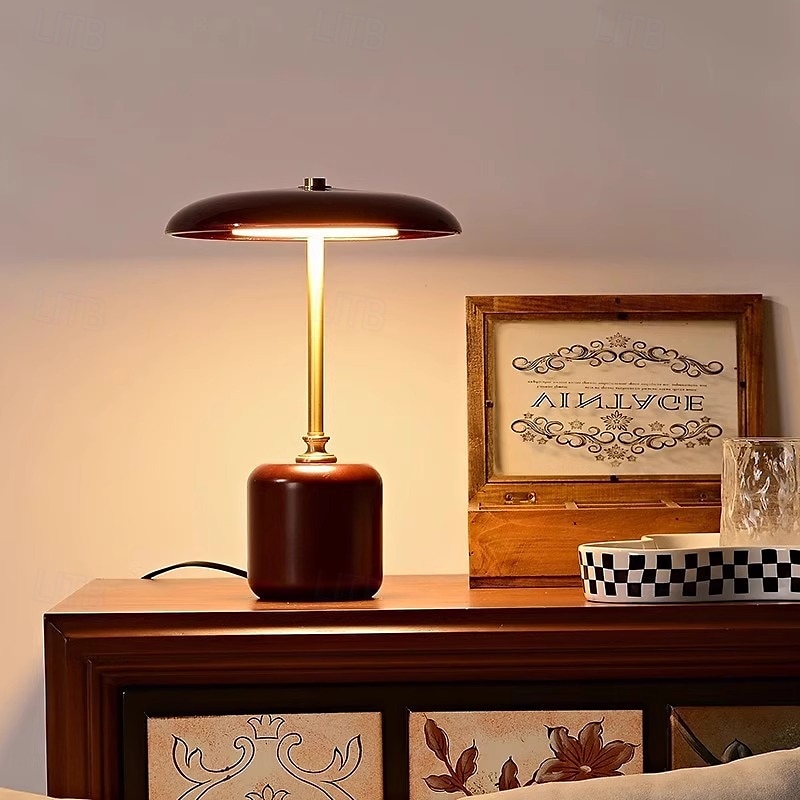 Candeeiro de mesa redondo de vidro e madeira de latão retrô contemporâneo com cilindro LED para cabeceira de 2025 por $252.39 –P6