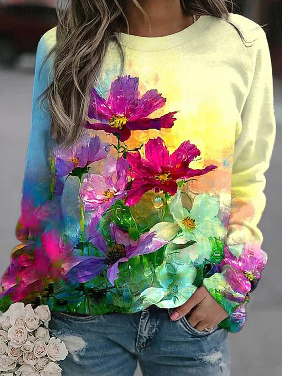 Dame Gensere Blomstret Grafisk Fritid Langermet Crew-hals Vanlige topper Gate Avslappet Ferie Trykt mønster Gul Rosa Lilla Vår Høst Vinter 2025 - $26.99 –P3