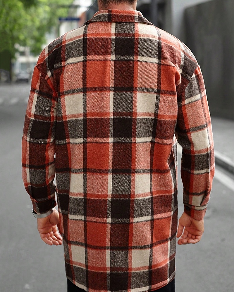 Herren Leichte Jacke Hemdjacke Freizeitjacke Jacke-Shirt Urlaub Täglich Thermowarm Tasche Frühling Herbst Karomuster Mode Klassisch Revers Regulär Schwarz Wein Orange Khaki Armeegrün Jacken 2025 - $42.99 –P3