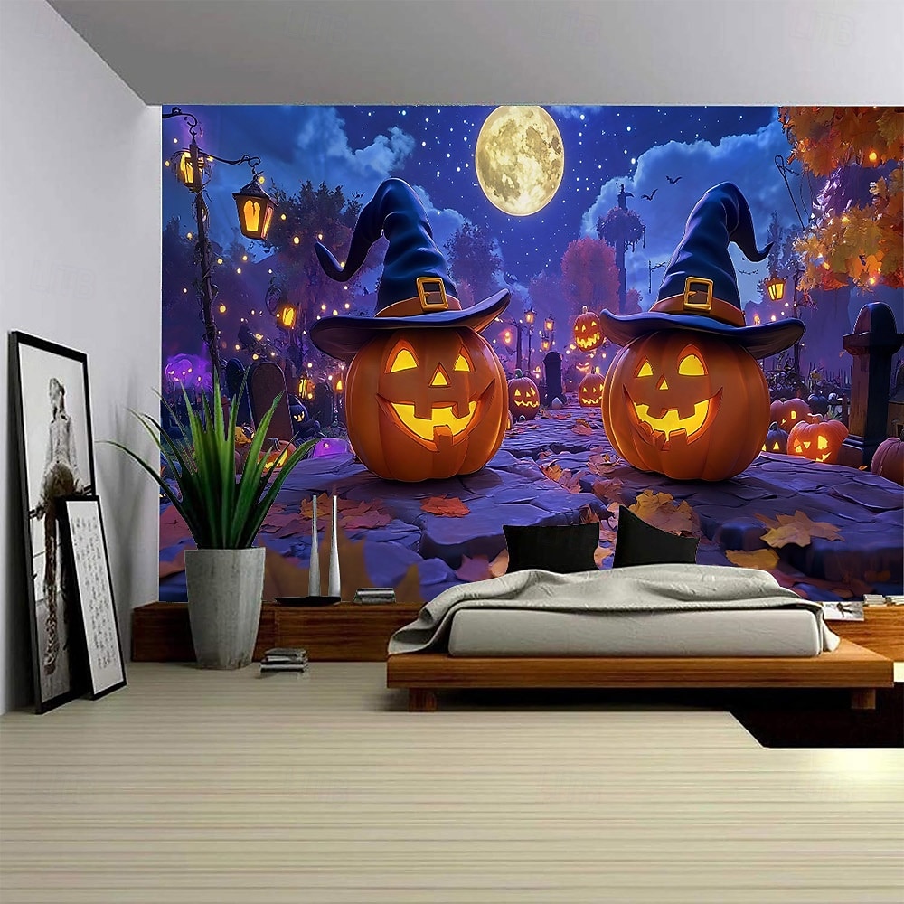 arazzo con sfondo fotografico di Halloween, cimitero cupo, lanterna di zucca e scenario di luna piena, grande murale decorativo per camera da letto, soggiorno, festa e decorazione della casa del 2026 a $17.99 –P7