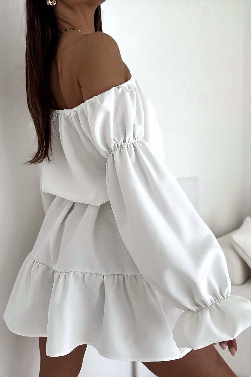 Damen Minikleid Schößchen Kleider Elegant Täglich Ferien Ausgehen Normale Passform Einfarbig Langarm Schulterfrei Schwarz Weiß Mauva Herbst 2025 - $21.99 –P2