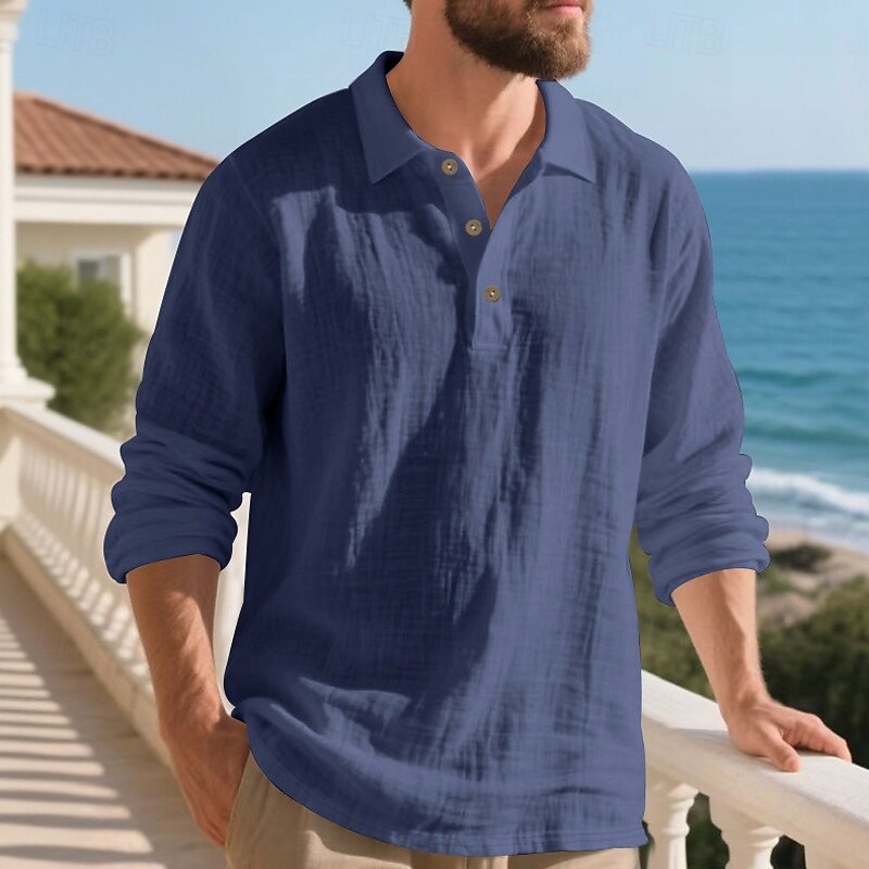 Herre Linskjorte Golf skjorte Arbeid Avslappet Knaphul Langermet Grunnleggende Moderne عادي Knapper Vår Høst Normal Svart Hvit Navyblå Kakifarget Militærgrønn Lyseblå Linskjorte 2025 - $20.99 –P9
