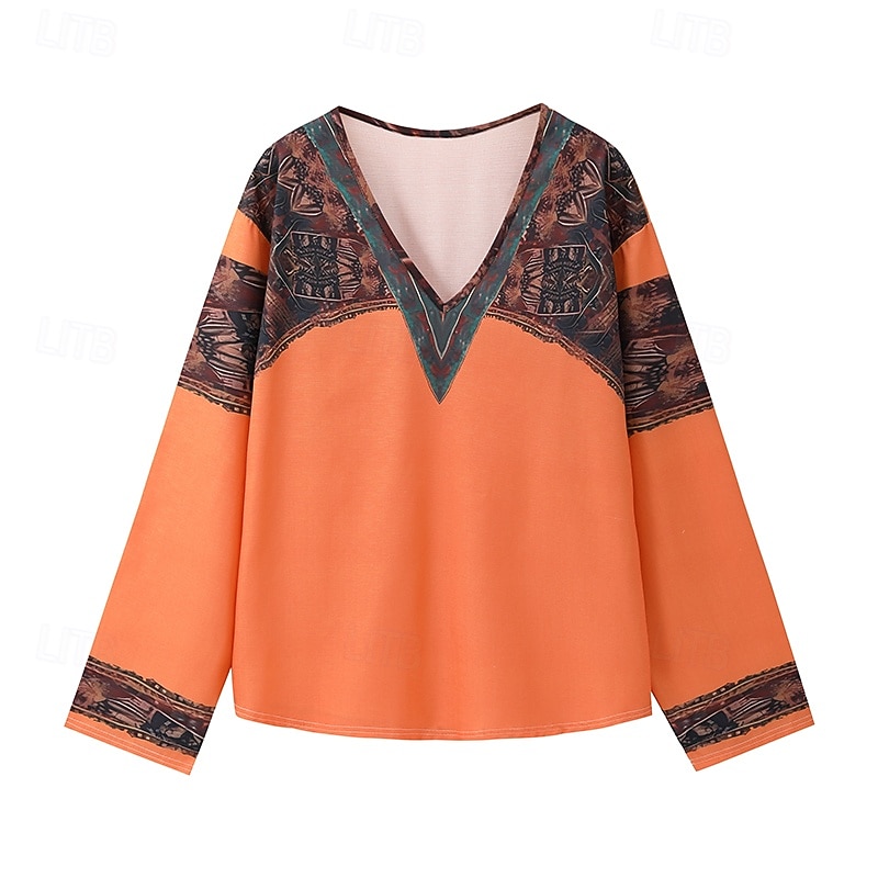 Dame Boho skjorte Bluse Blomsternål i krystall Moderne Bohem Langermet V-hals Vanlige topper Ferie Ut på byen Trykt mønster Svart Rød Oransje Mørkegrå Aprikos Sommer 2025 - $24.99 –P2