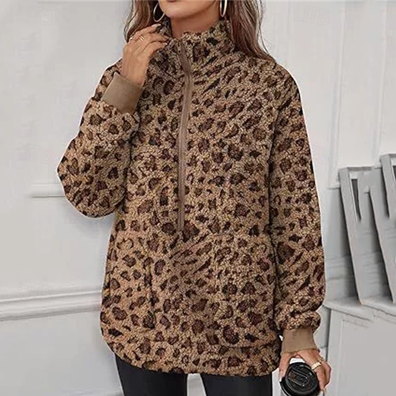 Women's Trench Coat Warm Comfortable Zipper Pocket Fashion Outdoor Leopard Going out Weekend Zipper Regular Lapel Regular Fit Long Sleeve Outerwear Yellow Apricot Coffee Fall Winter 2025 - $26.99 –P6