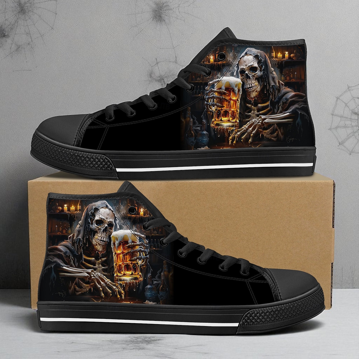 Baskets montantes en toile pour homme avec imprimé « chasse de bière » de la Faucheuse – Chaussures à lacets décontractées et résistantes pour Halloween, style gothique et événements nocturnes de 2025 ? $46.99 –P2