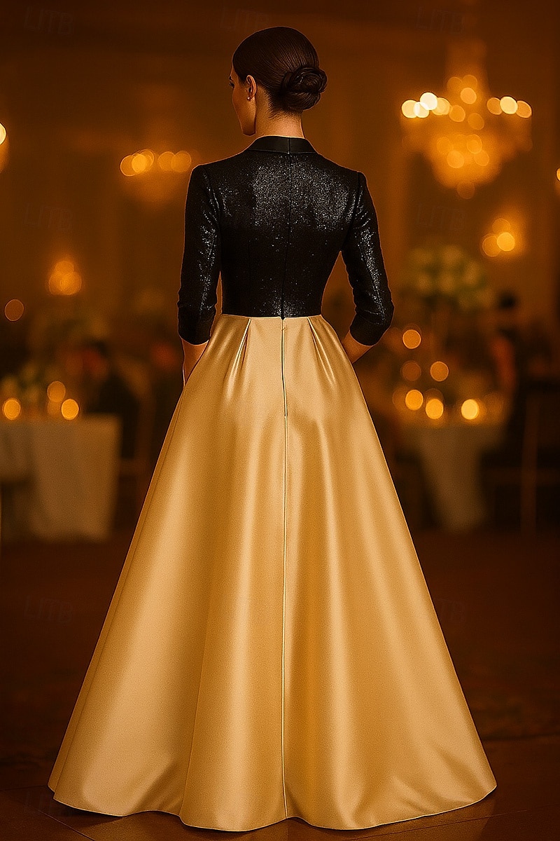 Linea ad A Abito da Sera Elegante Abito formale Formale Matrimonio Lunghezza al pavimento Manica 3/4 Scollo a V Raso con Pieghe Paillettes Spacco 2025 del 2025 a $134.99 –P3