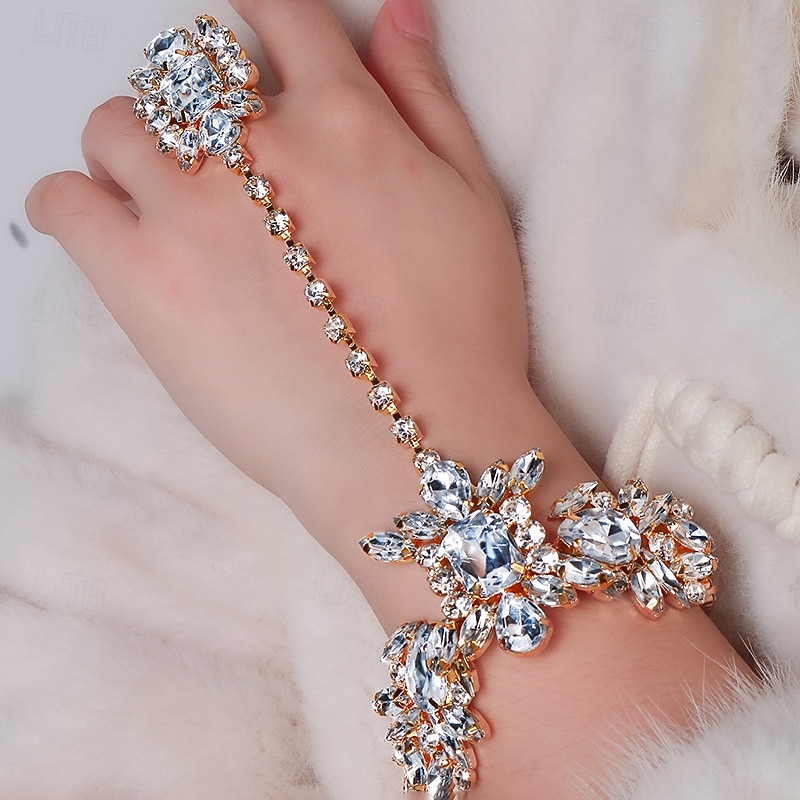 Women's Silver Rhinestone Hand Chain Bracelet with Statement Ring, Glamorous Jewelry for Parties and Special Occasions 2025 - $18.99 –P1