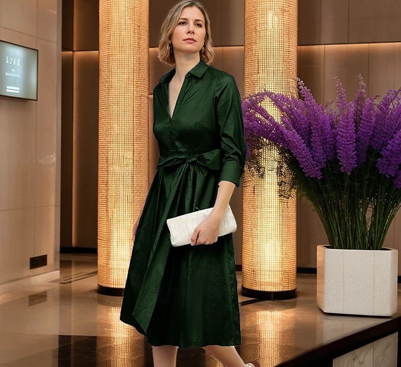 Vestido-camisa para mãe da noiva em corte A, tafetá elástico, elegante, simples e minimalista, gola estilo chá, comprimento até o joelho, tecido elástico, manga 3/4 com laço 2025 de 2025 por $127.99 –P5