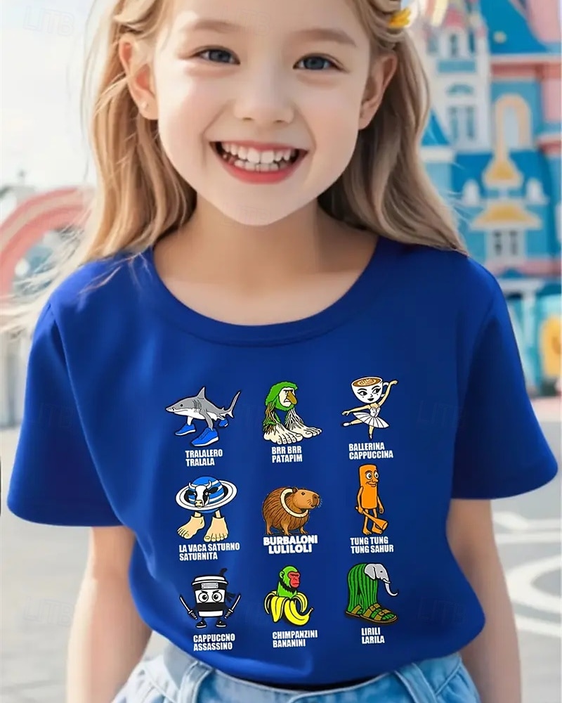 Camiseta engraçada com estampa de Brainrot italiana para meninas - camiseta leve e elástica com tecido elástico leve para crianças de 4 a 12 anos, casual para o dia a dia &roupa de festa de de 2025 por $11.99 –P7