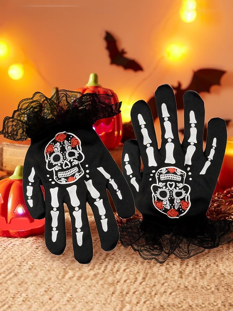 Damen-Halloween-Skeletthandschuhe – schwarze Spitzenmanschette mit Zuckerschädel-Aufdruck, Kostümzubehör für Party, Cosplay und Nachtleben 2026 - $7.99 –P4