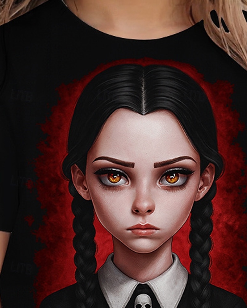 Koszulka z gotycką grafiką Wednesday Addams, słodka, letnia, oddychająca, modna koszulka na Halloween dla dziewczynek 2025 - $11.99 –P2