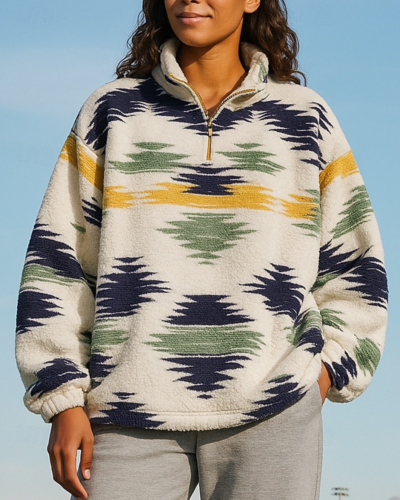 Damen Fleece-Sweatshirt Lässige Oberteile Boho Viertelreißverschluss Langarm Oberteil Athleisure Herbst Patchwork Mode Warm Outdoor Reise Sportbekleidung Sportkleidung Gelb Rot 2025 - $30.99 –P4