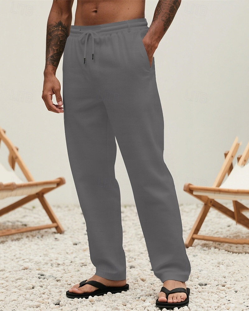 Herr Linne Byxor Långbyxor Sommarbyxor Strandbyxor Snörning Ficka Elastisk midja Slät Komfort Andningsfunktion Semester Dagligen Helgdag Hawaiisk Boho 다크 카키 Svart 2025 - $17.99 –P18