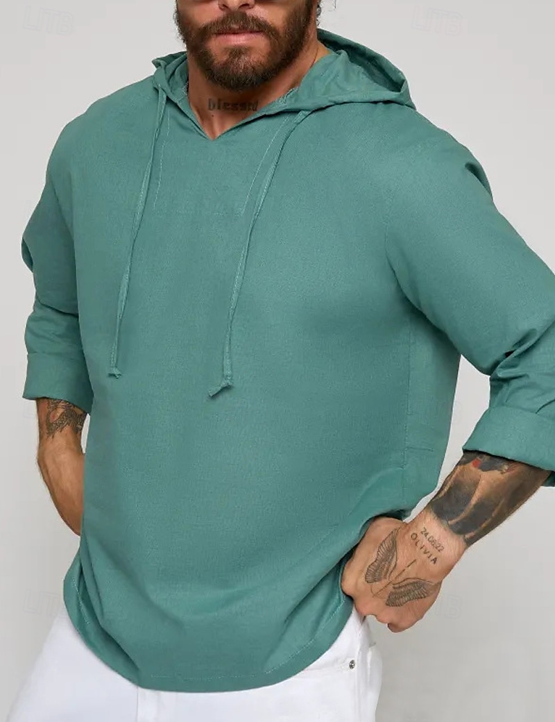 Per uomo Camicia Camicia di lino Camicia popover Camicia Estiva Abbigliamento da spiaggia Camicia con cappuccio Tinta unica Vacanza Streetwear Bianco Verde chiaro Blu Verde Manica Lunga Con Cappuccio del 2025 a $23.99 –P5