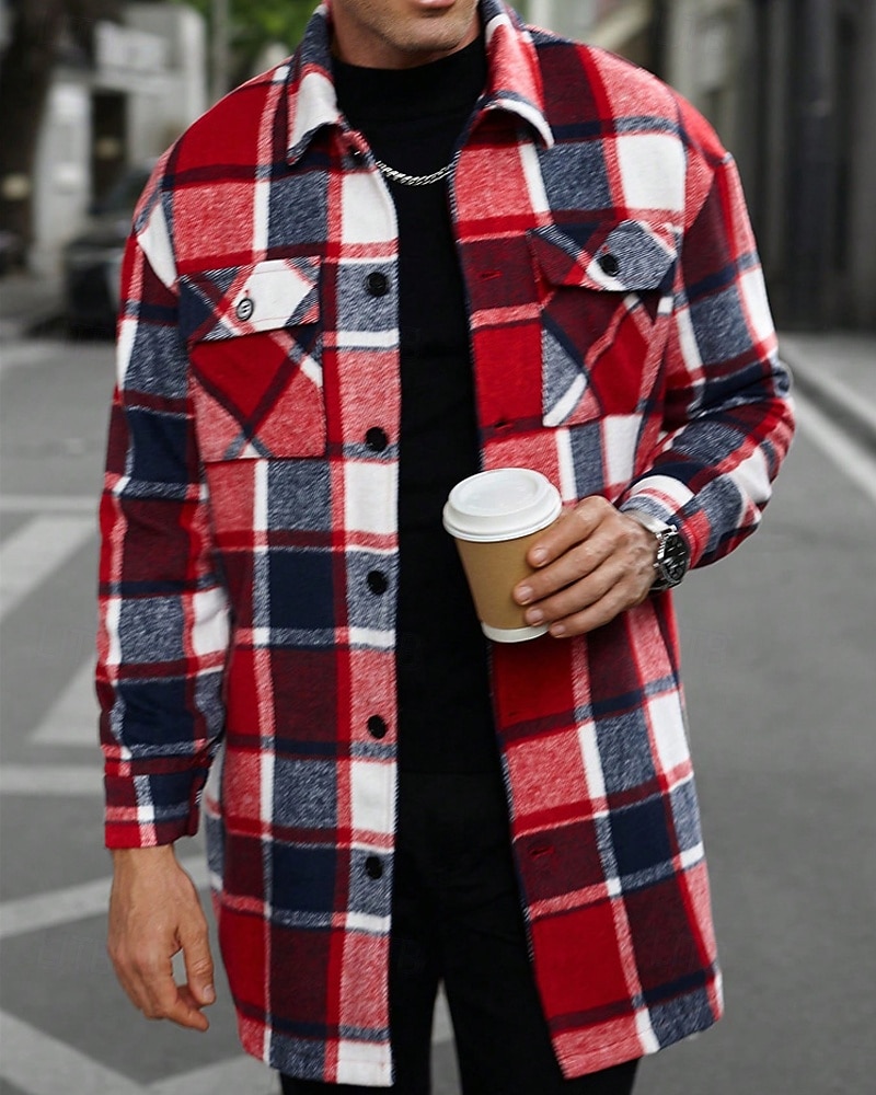 Herren Leichte Jacke Hemdjacke Freizeitjacke Jacke-Shirt Urlaub Täglich Thermowarm Tasche Frühling Herbst Karomuster Mode Klassisch Revers Regulär Schwarz Wein Orange Khaki Armeegrün Jacken 2025 - $42.99 –P4