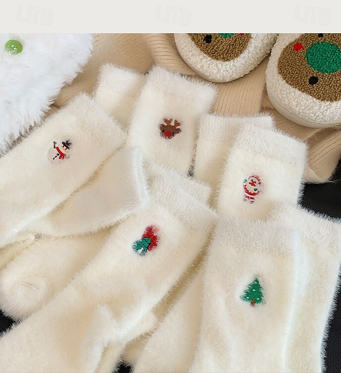 Calcetines navideños de invierno para mujer, calcetines gruesos y cálidos con muñeco de nieve. &Calcetines navideños de felpa de visón blanco acogedores con diseño de Papá Noel y bonitos calcetines 2025 - $7.99 –P1