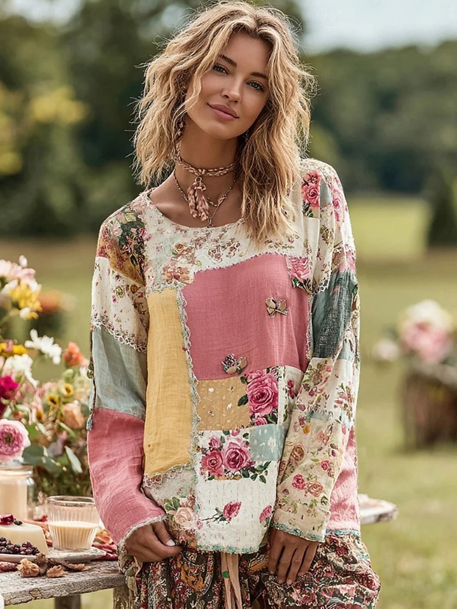 Dame Plus Size T-skjorte Blomster Fargegradient Oljemaleri blomster Grunnleggende Langermet Rund Hals Vanlige topper Daglig Gå ut Weekend Trykk Rosa Rød Blå Lilla Grønn Vår Høst Forhøst 2025 - $19.99 –P1