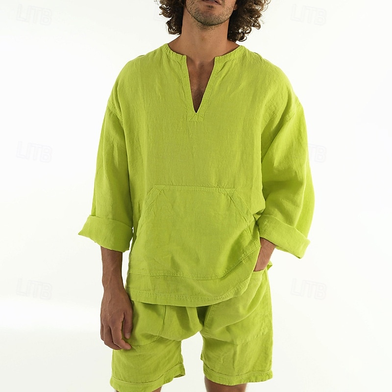 Homme Ensembles T-shirt Tenues 2 pièces Ensemble Short manche longue Col en V Été Printemps Uni Mode Occasionnel 2 pièces Poche Avant Vacances Tenue quotidienne Sortir Jaune Bleu Vert T-shirt haut de de 2025 ? $36.99 –P8