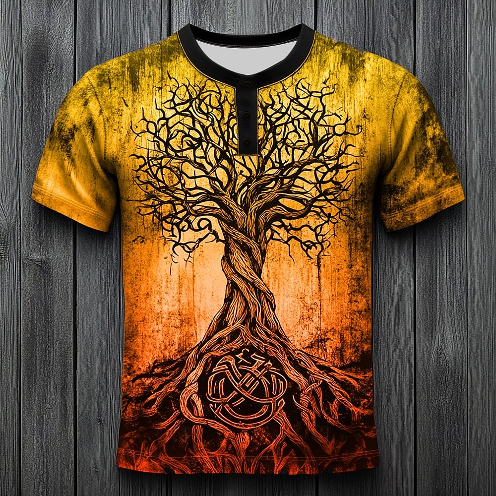 Men's Tree Pattern T Shirt Henley Shirt Short Sleeve Vintage Designer Retro Vintage Casual Daily Street Summer Spring All Seasons Blue Dark Green Purple Orange khaki Henley Henley T-Shirt 2026 - $20.99 –P4