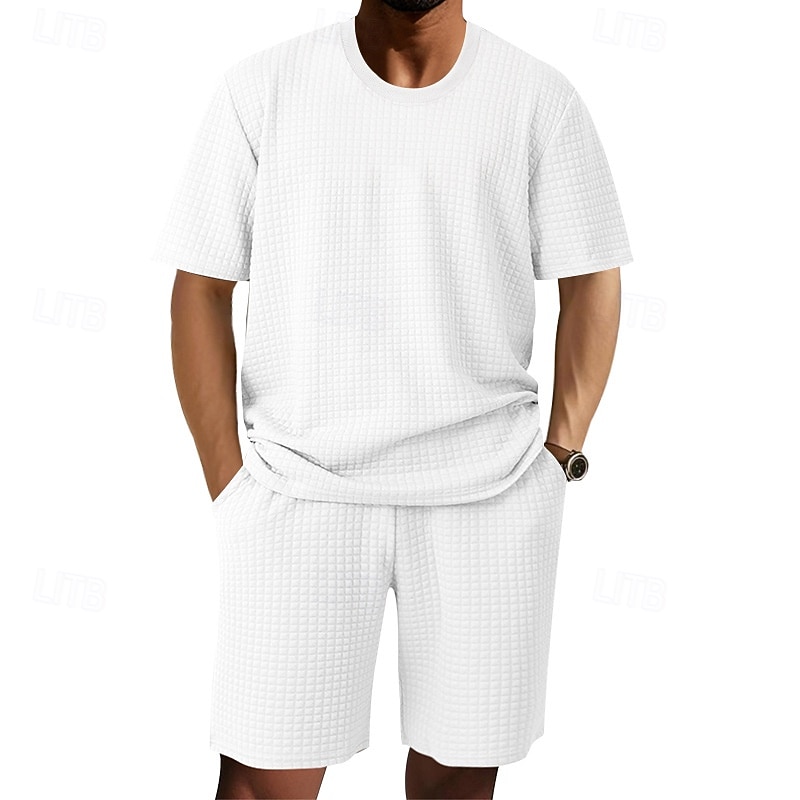 Voor heren Wafel Shirt T-shirt past 2 stuks outfits T-shirt en korte broek Korte mouw Strakke ronde hals Zomer Effen Modieus Casual Jacquard 2-stuks Vakantie Alledaagse kleding Uitgaan Zwart Wit Khaki 2025 - $36.99 –P4