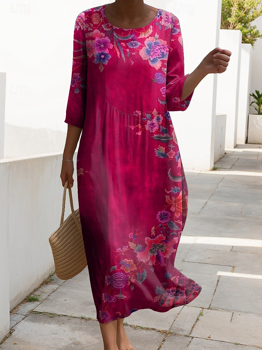 Kvinnors Maxiklänning Kaftan 3/4 Lång Ärme Crew Neck Avslappnad Shift Klänning A-linjeformat Klänning Klänning Boho Daglig Semester Dejtdress Blommig Grafisk Rosa Röd Blå Fuchsia Vår 2025 - $41.99 –P5