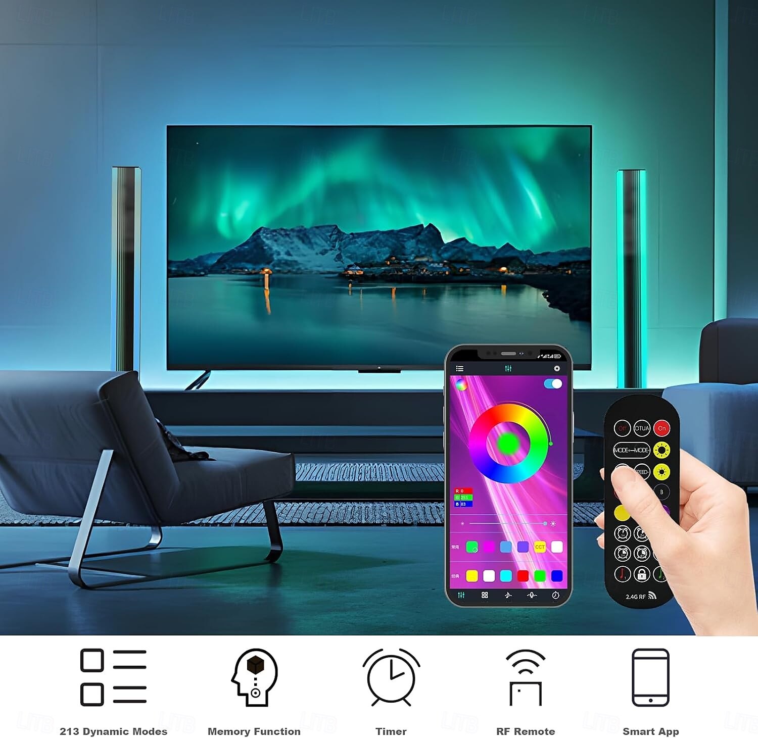 Bande lumineuse LED RVB, barres lumineuses LED RVB IC synchronisées avec la musique, éclairage d'ambiance alimenté par USB, rétroéclairage de télévision de jeu à changement de couleur avec de 2025 ? $31.99 –P5
