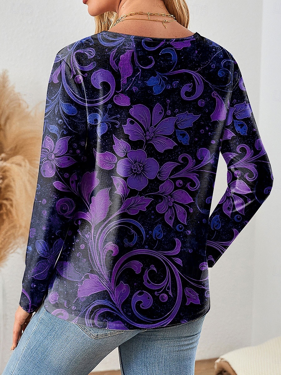 Tricou pentru femei cu decolteu în V mânecă lungă tunică grafic floral plante vintage stilat clasic topuri regulate imprimare zilnică albastru mov portocalie primăvară toamnă 2026 - $24.99 –P2