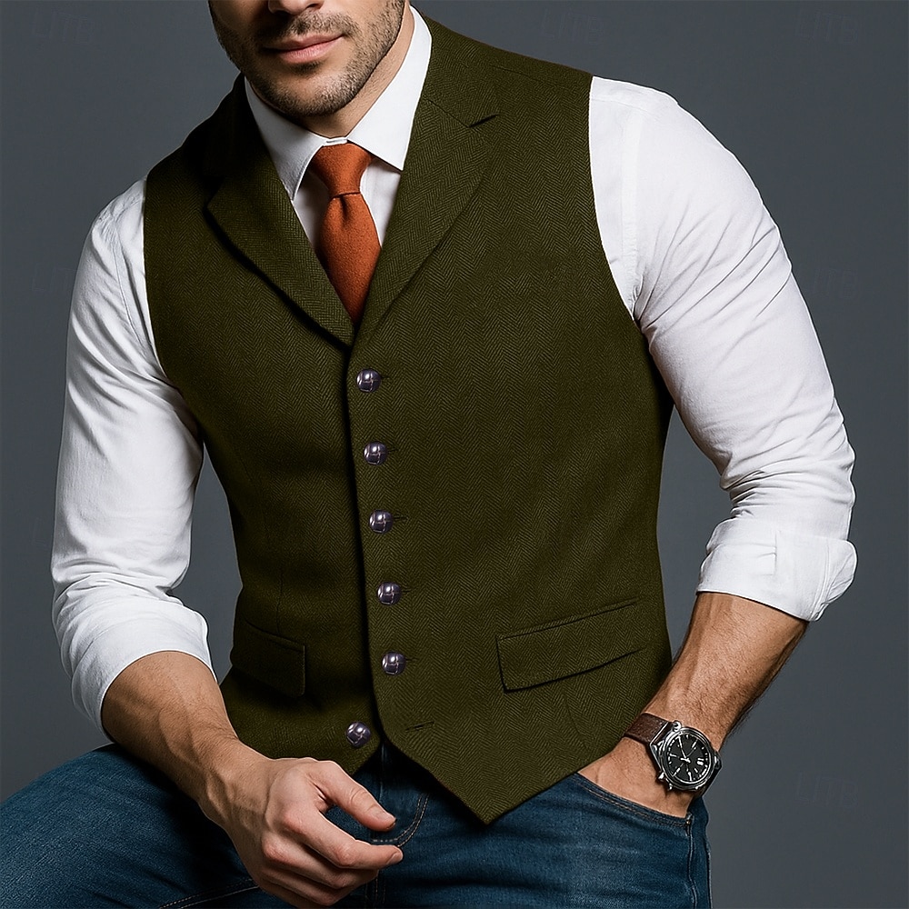 Herren Tweedweste Weste Formell Hochzeit Urlaub Täglich Mode Klassisch Frühling Herbst Tasche Knöpfe Polyester Tweed Bequem Einfach Fischgrätenmuster Einreihig V Ausschnitt Revers Schmale Passform 2025 - $35.99 –P5