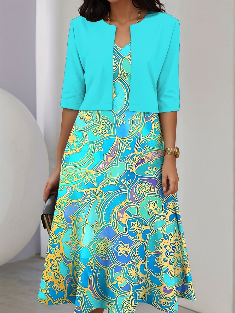 Ensemble de robes pour femmes en deux pièces robe midi avec veste élégante robe en A manches mi-longues robe décontractée semi-formelle imprimé floral ombragé encolure en V rendez-vous jaune clair de 2025 ? $36.99 –P2