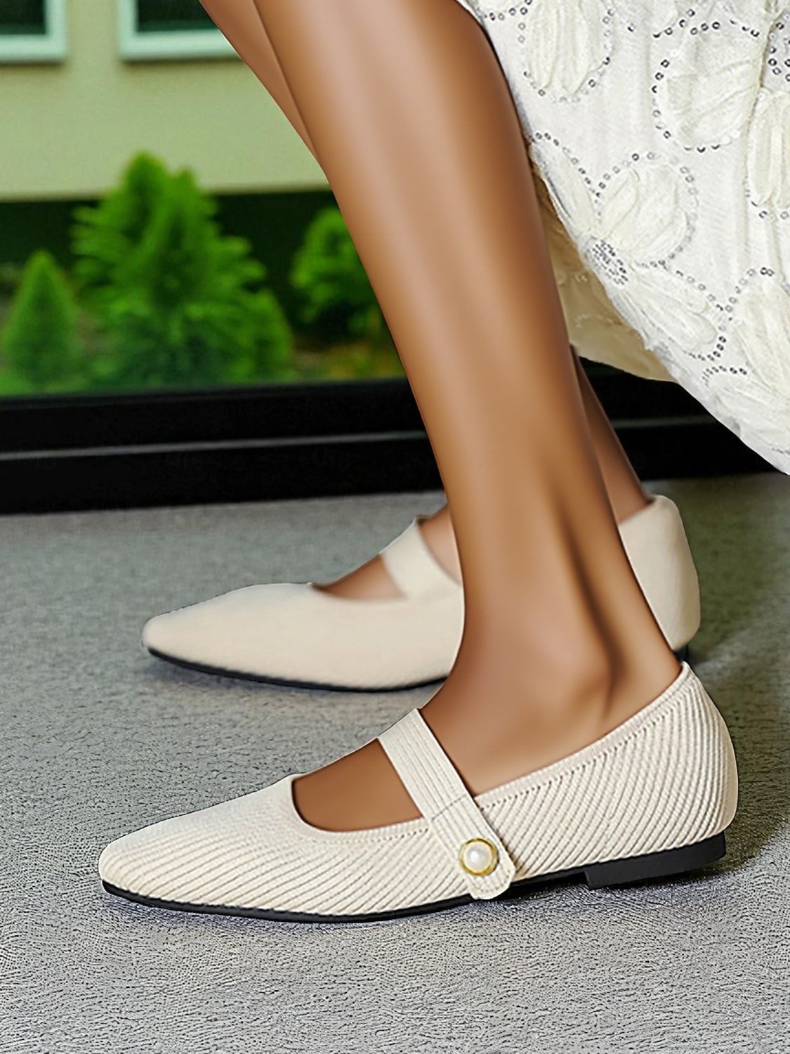 Beige stickade Mary Jane-skor med pärlrem för kvinnor - lätta, andningsbara vardagsskor för vardagsbruk, resor och kontorskläder 2026 - $42.99 –P5