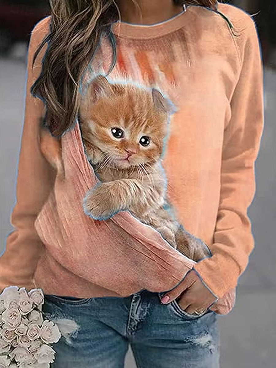 Per donna Felpa Pullover Stampato Grafico Animale Gatto Casual Manica Lunga Girocollo Top Regolari Casuale Streetwear Ferie Blu Rosa Viola Arancione Verde Primavera Autunno Inverno del 2026 a $28.99 –P6