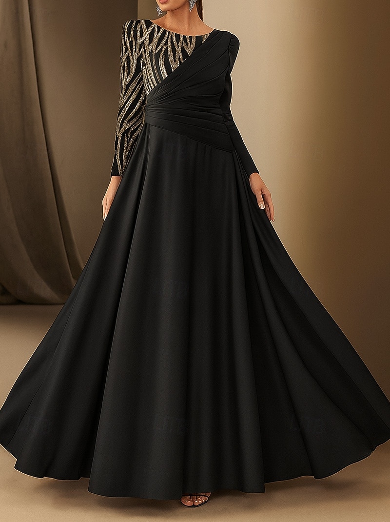 Vestido de noite elegante com apliques de renda e lantejoulas, corte A, comprimento até o chão, manga comprida, decote canoa, cetim com pregas 2025 de 2025 por $149.99 –P4