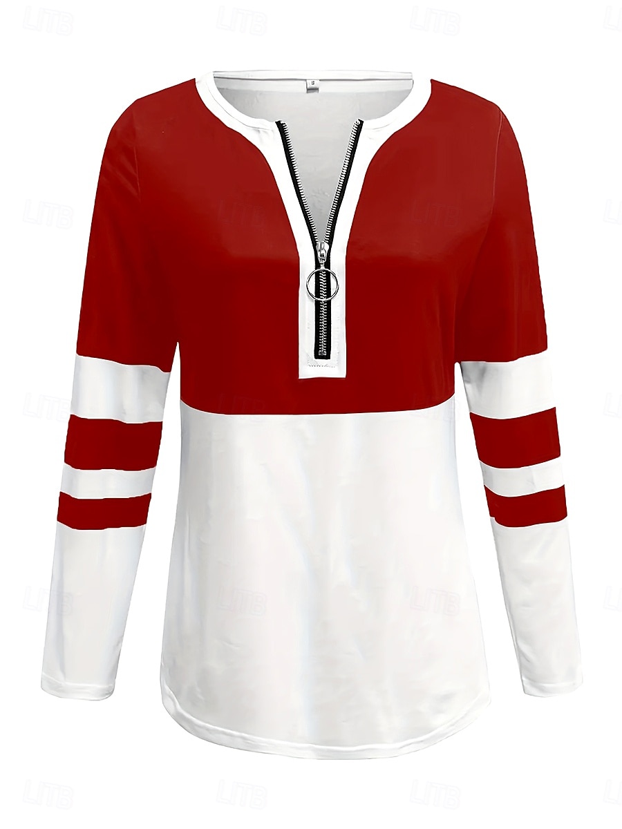 Women's T shirt Long Sleeve Graphic Color Block Striped Elegant Vintage Stylish Long Sleeve V Neck Regular Tops Daily Weekend Zipper Print Black Red Royal Blue Spring Fall Prefall 2025 - $23.99 –P2