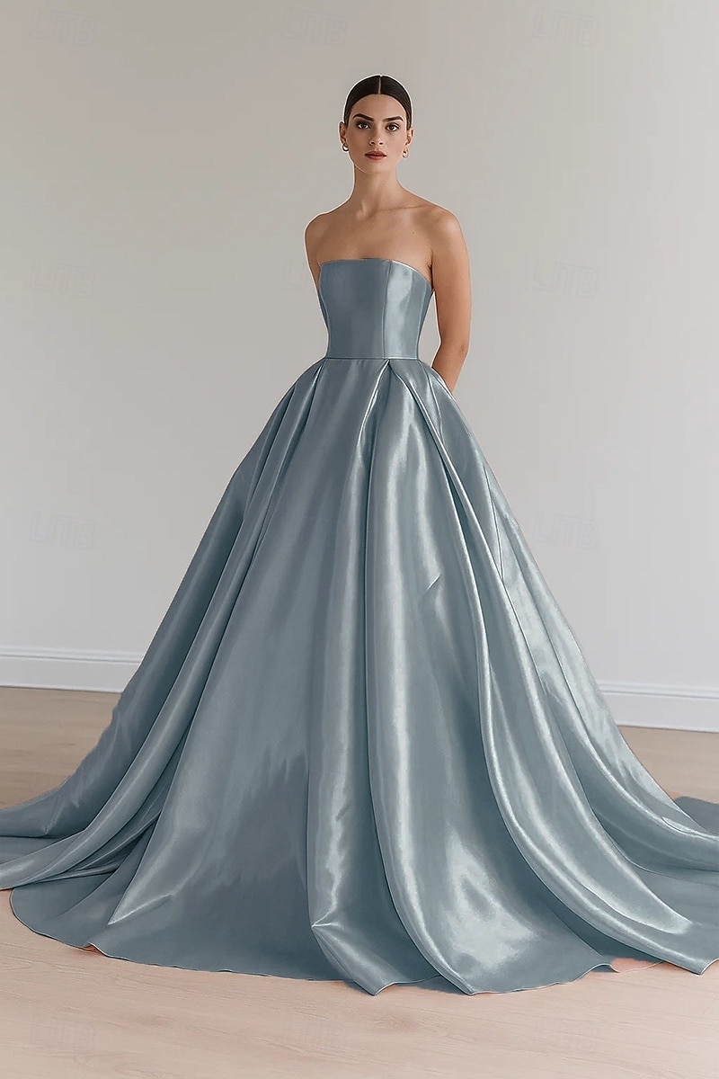 Vestido de baile de cetim elástico, vestido de noite elegante, vestido formal de casamento, cauda longa, sem mangas, sem alças, com pregas e cadarço 2025 de 2025 por $167.99 –P5