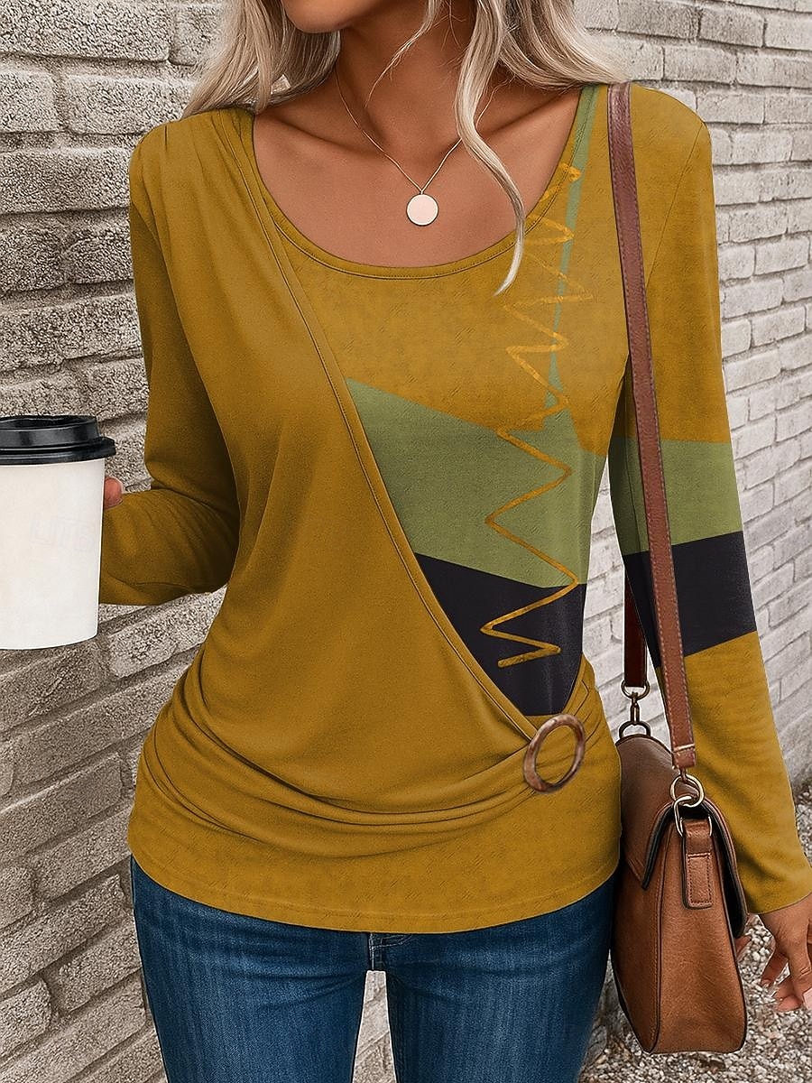 Femmes T-shirt Graphique Géométrique ancien Élégant Occasionnel manche longue Col ras du cou Hauts Réguliers Quotidien Patchwork Imprimé Jaune Rouge Bleu Bleu Poudré Violet Automne Hiver de 2025 ? $24.99 –P4