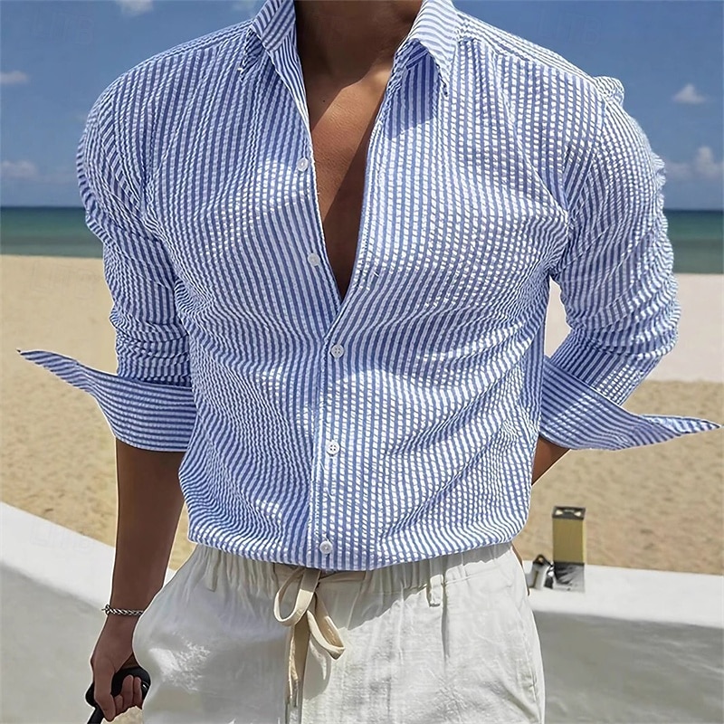 Men's Shirt Summer Shirt Casual Shirt Beach Shirt Button Up Shirt White Long Sleeve Stripe Lapel Streetwear Vacation Clothing Apparel Polyester Fashion Casual Comfortable 2026 - $26.99 –P7