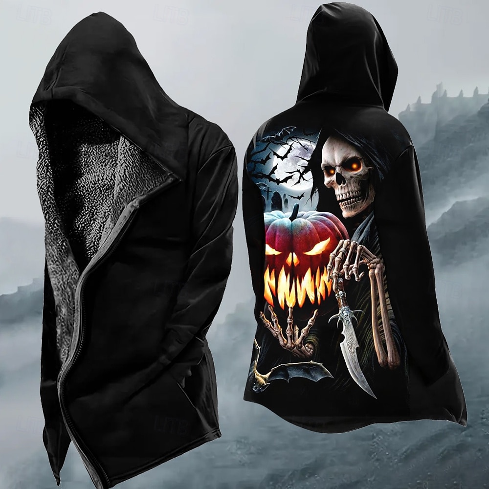 Halloween Herre Gresskar Tøffe hodeskaller Vinterfrakk Fleece-jakke Frakk Hold Varm Bekvem Fritid Dagligdagstøy Glidelås Lomme 3D-utskrift Høst Vinter Med hette Langermet Svart 2025 - $54.99 –P2