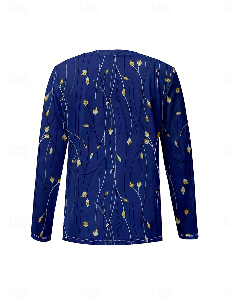 Femmes T-shirt Fleuri Graphique Plantes ancien Élégant Classique manche longue Col en V Hauts Réguliers Quotidien Imprimé bleu marine Printemps Automne Hiver de 2025 ? $22.99 –P2