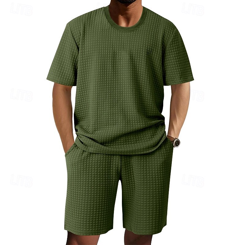 Voor heren Wafel Shirt T-shirt past 2 stuks outfits T-shirt en korte broek Korte mouw Strakke ronde hals Zomer Effen Modieus Casual Jacquard 2-stuks Vakantie Alledaagse kleding Uitgaan Zwart Wit Khaki 2025 - $36.99 –P18
